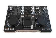Portable DJ Control Mixer On White Background.