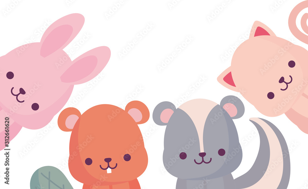 kawaii rabbit beaver skunk and cat cartoon vector design