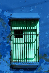 Wall Mural - green window on blue wall , santiago de cuba - cuba