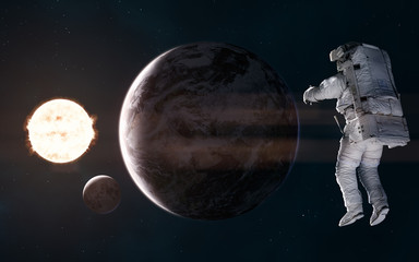 Wall Mural - solar system. earth, moon and astronaut on background of the sun. 3d render. science fiction. elemen