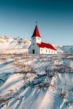 A Typical Church Of Iceland. Very Well Composited Icelandic Church In The Beautiful Landscape. Gorgeous Scenery Of The Vik Town. Incredible Winter Behind The Arctic Circle. Tourism