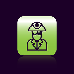 Sticker - Black line Pirate captain icon isolated on black background. Green square button. Vector Illustration