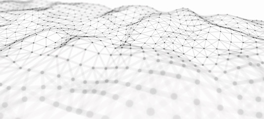 Fototapete - Futuristic abstract mesh. Wave with the connection of dots and lines. 3D rendering.