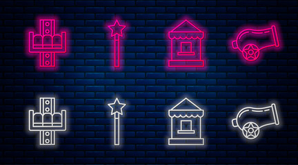 Set line Magic wand, Ticket box office, Attraction carousel and Cannon. Glowing neon icon on brick wall. Vector