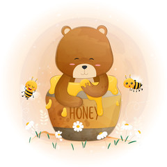 cute brown teddy bear in the honey jar.