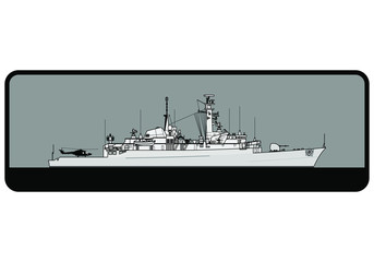 Royal Navy. Type 21 Amazon-class frigate. Side view. Vector template for illustration.