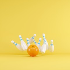 Wall Mural - Orange fruit strike with bowling on yellow background. Fruit Minimal ideas concept. 3D Render.