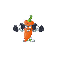 Sticker - Fitness exercise orange chili mascot icon with barbells