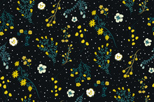 Seamless Pattern With White, Yellow Flowers And Green Branches On A Dark Background. Floral Retro Print. Botanical Texture With Many Kind Of Plants, Polka Dot. Elegant Template For Fashion Design.