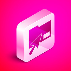 Isometric Cursor click document folder icon isolated on pink background. Accounting binder symbol. Bookkeeping management. Silver square button. Vector Illustration