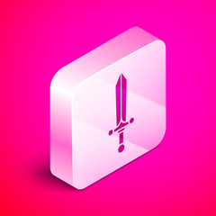 Wall Mural - isometric medieval sword icon isolated on pink background. silver square button. vector illustration