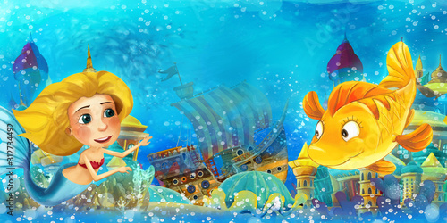 Cartoon ocean and the mermaid in underwater kingdom swimming and having fun - il Wallpaper Mural