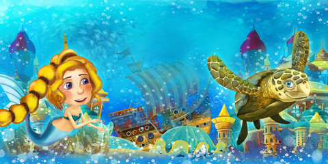 Cartoon ocean and the mermaid in underwater kingdom swimming and having fun - illustration for children