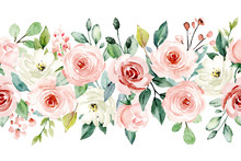 Watercolor Flowers, Pink, White Roses. Floral Summer Repeat Border For Printing Invitations, Greeting Cards, Wall Art, Stickers And Other. Isolated On White. Hand Painted. 