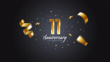 11th Anniversary Celebration Gold Numbers With Dotted Halftone, Shadow And Sparkling Confetti. Modern Elegant Design With Black Background. For Wedding Party Event Decoration. Editable Vector EPS 10