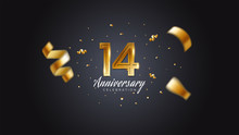 14th Anniversary Celebration Gold Numbers With Dotted Halftone, Shadow And Sparkling Confetti. Modern Elegant Design With Black Background. For Wedding Party Event Decoration. Editable Vector EPS 10