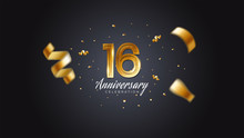 16th Anniversary Celebration Gold Numbers With Dotted Halftone, Shadow And Sparkling Confetti. Modern Elegant Design With Black Background. For Wedding Party Event Decoration. Editable Vector EPS 10