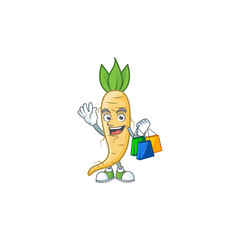 Sticker - Cheerful salsify mascot waving and holding Shopping bags