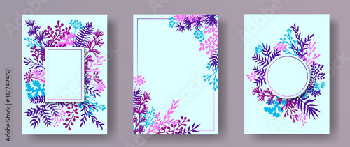 Tropical herb twigs, tree branches, leaves floral invitation cards collection...