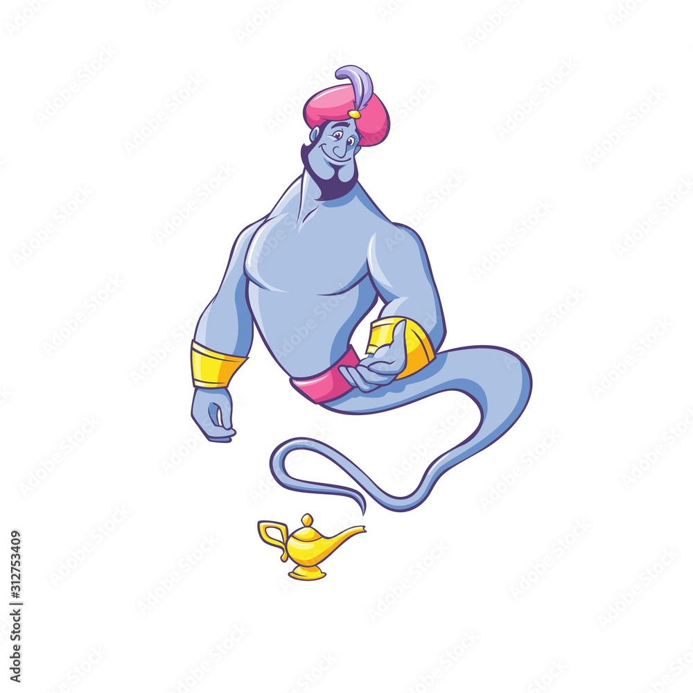 Smiling cartoon genie coming out of magic lamp vector flat illustration. Positive magical bearded arabian character wish making gesturing welcome isolated on white background - obrazy, fototapety, plakaty 