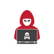 Hacker at laptop icon. Flat illustration of hacker at laptop vector icon for web design