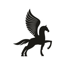 Winged Horse Silhouette Isolated Pegasus Silhouette. Vector Unicorn Heraldic Symbol, Mythical Animal
