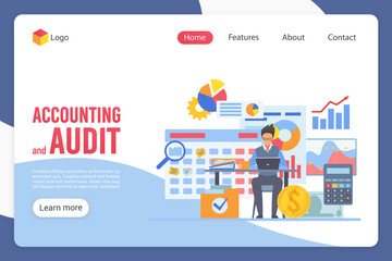 Aufkleber - Accounting and audit landing page vector template. Bookkeeping website interface idea with flat illustrations. Banking homepage layout. Online finance advisor web banner, webpage cartoon concept