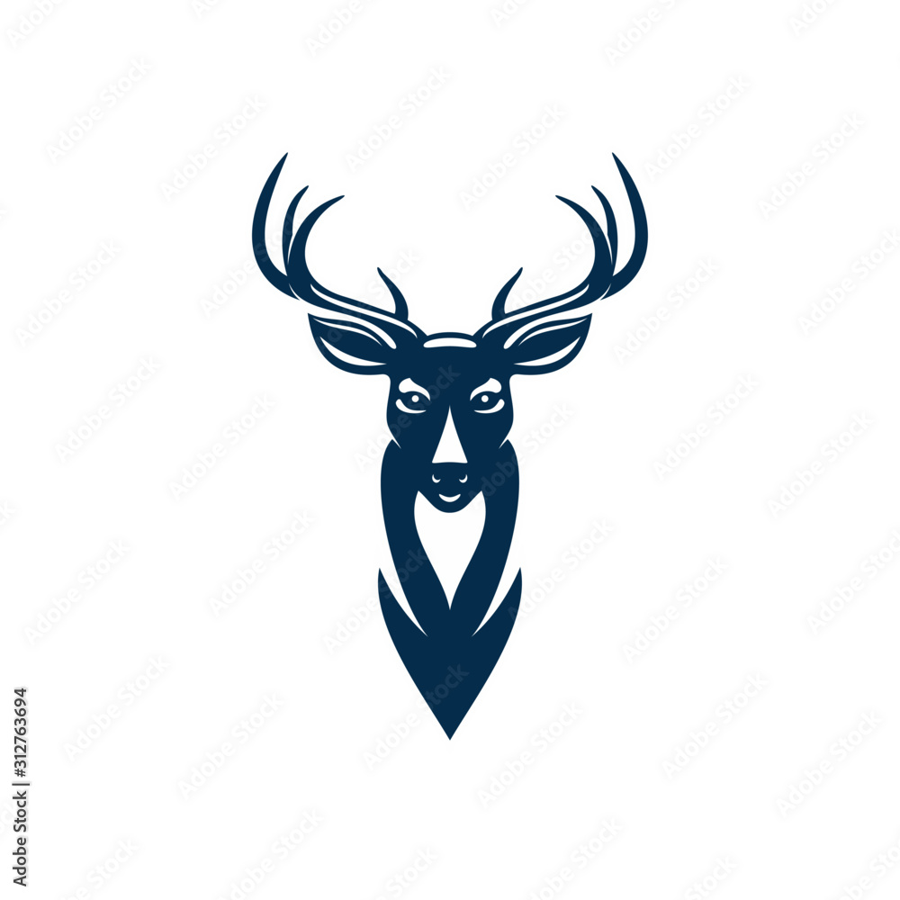 Wild elk or deer with antlers isolated head mascot. Vector horned animal, reindeer hunting sport emblem - obrazy, fototapety, plakaty 