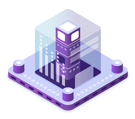 Blockchain technology isometric vector illustration. Innovative electronic computer tech. Database for information. Virtual platform. Server hardware. Datacenter cartoon conceptual design element