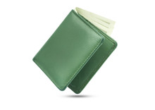 Close-up Of Wallet Green Color Genuine Leather Texture With Banknotes And Credit Card Inside Isolated On White Background,  Male Purse.