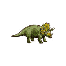 Triceratops Isolated Green Dinosaur With Horn. Vector Dino Sketch, T. Horridus With Epoccipital Fringe