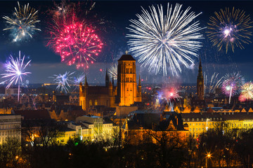 Wall Mural - Beautiful cityscape of Gdansk with St. Mary Basilica and City Hall at dawn, Poland.