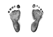 Baby Footprints On Transparent Paper. Black Footprint Isolated On White Background. 