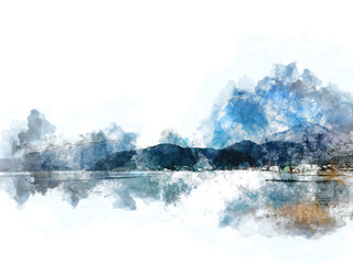 Wall Mural - Abstract colorful mountain range and river lake in Japan on watercolor illustration painting background.