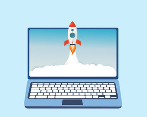 Laptop with rocket on screen, startup idea concept design vector.