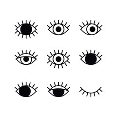 Open and closed eyes line icons set on white background. Look, see, sight, view sign and symbol. Vector linear graphic element. Optical and search theme in minimal design style. Eye with eyelashes.