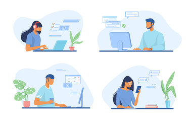 Wall Mural - People using online apps set. Professionals using computers and cellphones for work or chat. Flat vector illustrations. Internet communication concept for banner, website design or landing web page