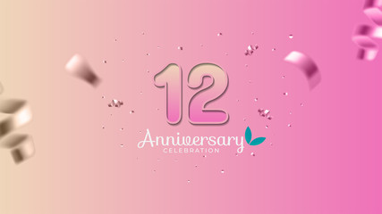 12th anniversary. Gradient pink and yellow Numbers with sparkling confetti. Modern elegant gradient background design vector EPS 10. For wedding party or company event decoration.