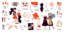 Vector Flat Infographics Sewing Courses. Women Create Designer Clothes With Their Own Hands. Set Of Items For Sewing And Knitting.