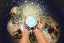 Hands Cup Holding A Clock And High Noon. Concept Time To Global Changes.Elements Of This Image Furnished By NASA .