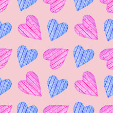 Watercolor Seamless Pattern With Blue And Pink Wooden Hearts Isolated On Light Background. Hand Painted Illustration. Romantic Print For Valentine Day, Fabric And Wrapping Paper.