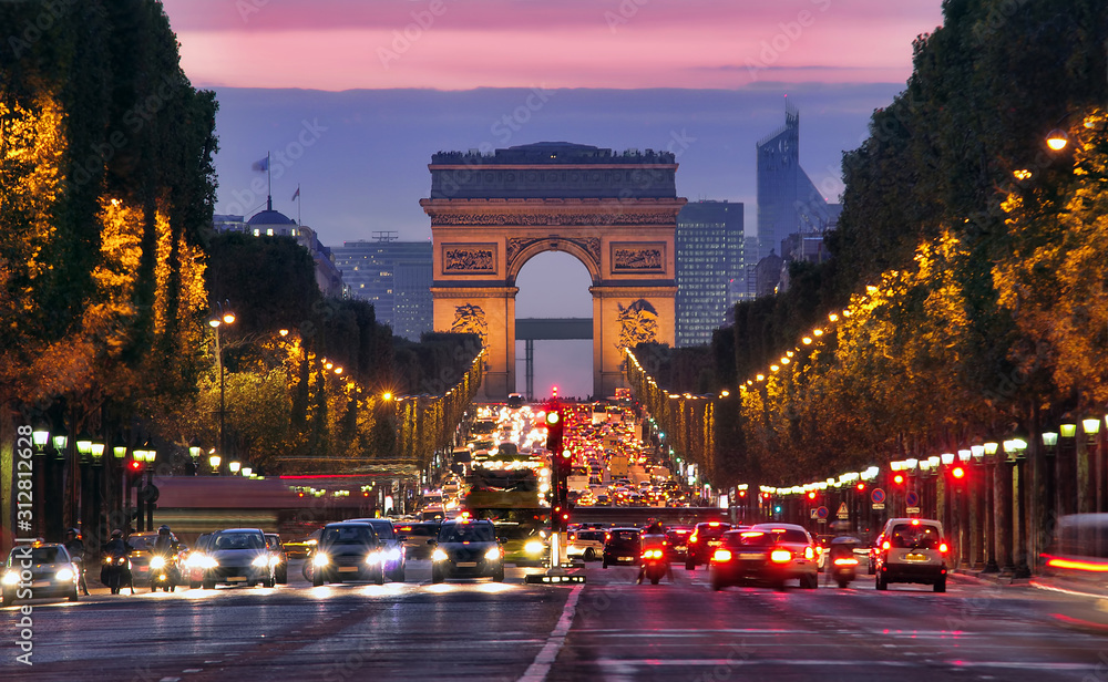 Champs Elysees and Arc de Triomphe in Paris France. night scene with car traffic - obrazy, fototapety, plakaty 