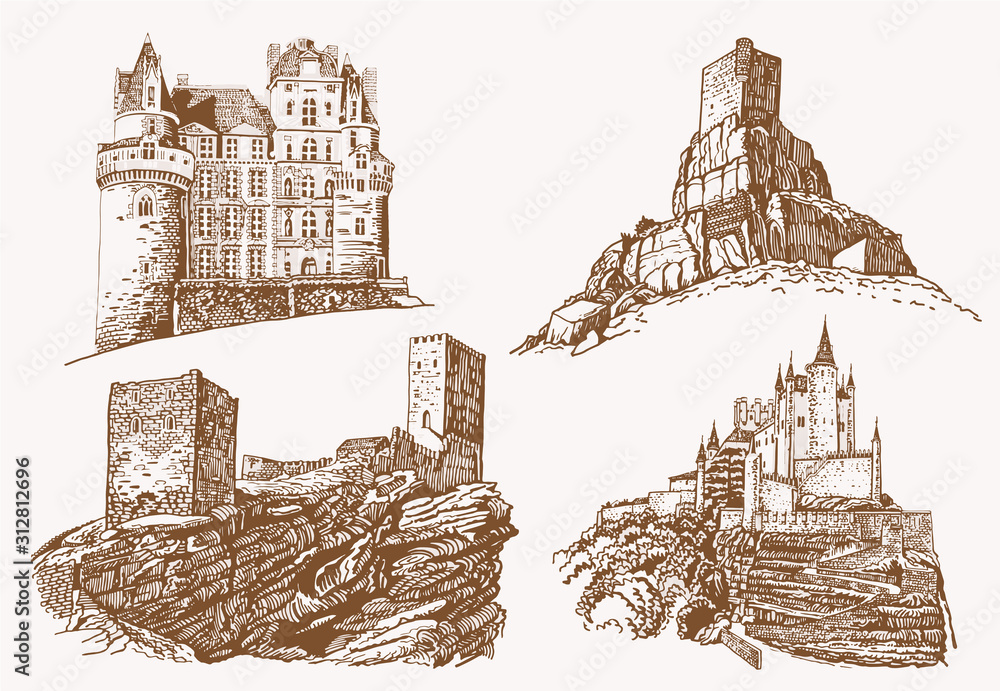 Graphical vintage set of medieval castles,vector sepia illustration - obrazy, fototapety, plakaty 