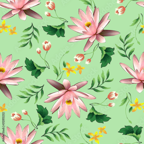 Lily flower with leave design seamless pattern