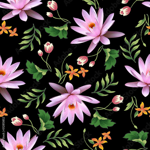 Lily flower with leave design seamless pattern