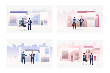 Wall Mural - Property sale set. Agent and customers meeting at building for sale, discussing deal. Flat vector illustrations. Meeting, real estate concept for banner, website design or landing web page