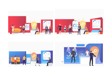 Startup presentation set. Team presenting reports and graphs to partners. Flat vector illustrations. Business, partnership, idea concept for banner, website design or landing web page