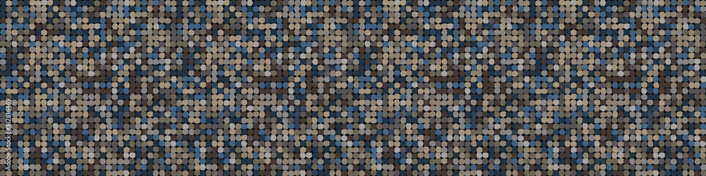 Dark pebble mosaic effect vectorbanner texture. Masculine geometric seamless border melange pattern. Hand drawn variegated irregular shapes background. Textured classic  brown hipster ribbon trim. - obrazy, fototapety, plakaty 