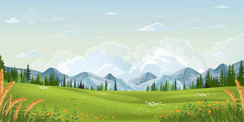Wall Mural - Spring landscape with mountain, blue sky and clouds,Panorama Green fields, fresh and peaceful rural nature in springtime with green grass land. Cartoon vector illustration for spring and summer banner