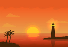 Vector Illustration Of Beautiful Sunset At Beach. Sunset At Beach Background With Lighthouse And Palm Trees Silhouette And Orange Sky